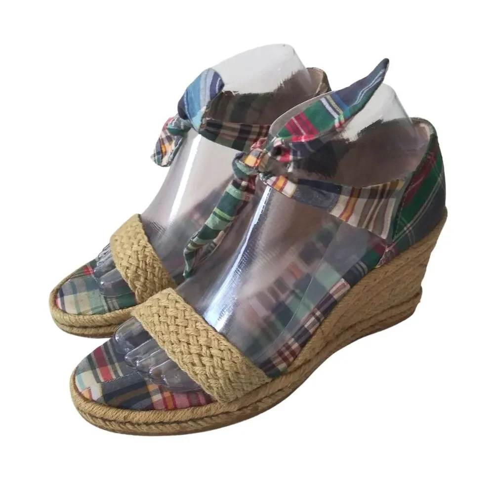 Tommy Hilfiger Plaid Tie Espadrilles Wedge Sandals Y2K Size 7